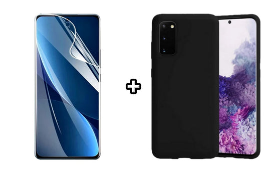 Set Husa Silicon plus Folie din sticla Transparenta compatibila cu Samsung Galaxy S20, neagra, protectie 360
