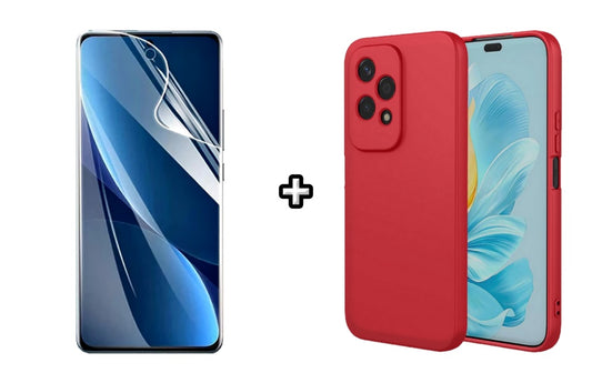 Set Husa Silicon plus Folie din sticla Transparenta compatibila cu Honor 200 Lite, rosie, protectie 360