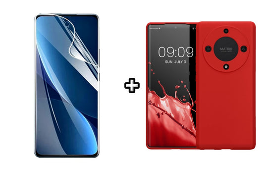 Set Husa Silicon plus Folie din sticla Transparenta compatibila cu Honor Magic5 Lite, rosie, protectie 360