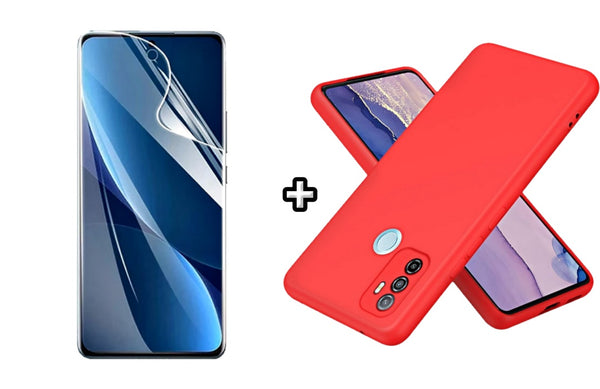 Set Husa Silicon plus Folie din sticla Transparenta compatibila cu OPPO A33 4G, rosie, protectie 360