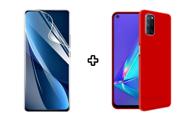 Set Husa Silicon plus Folie din sticla Transparenta compatibila cu OPPO A92, rosie, protectie 360