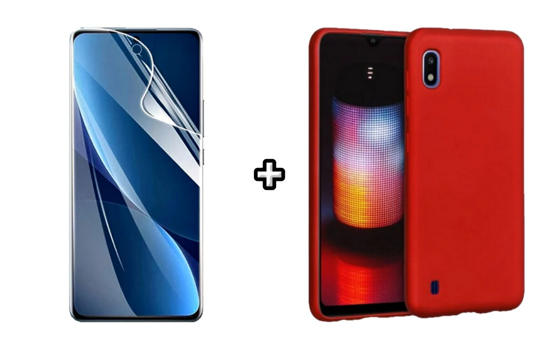 Set Husa Silicon plus Folie din sticla Transparenta compatibila cu Samsung Galaxy A10, rosie, protectie 360
