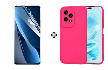 Set Husa Silicon plus Folie din sticla Transparenta compatibila cu Honor 200 Lite, roz neon, protectie 360