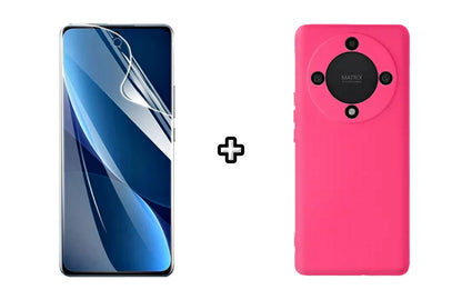 Set Husa Silicon plus Folie din sticla Transparenta compatibila cu Honor Magic6 Lite, roz neon, protectie 360
