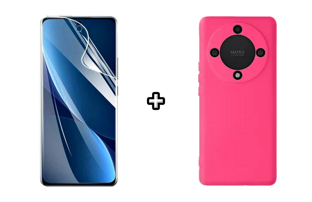 Set Husa Silicon plus Folie din sticla Transparenta compatibila cu Honor Magic5 Lite, roz neon, protectie 360