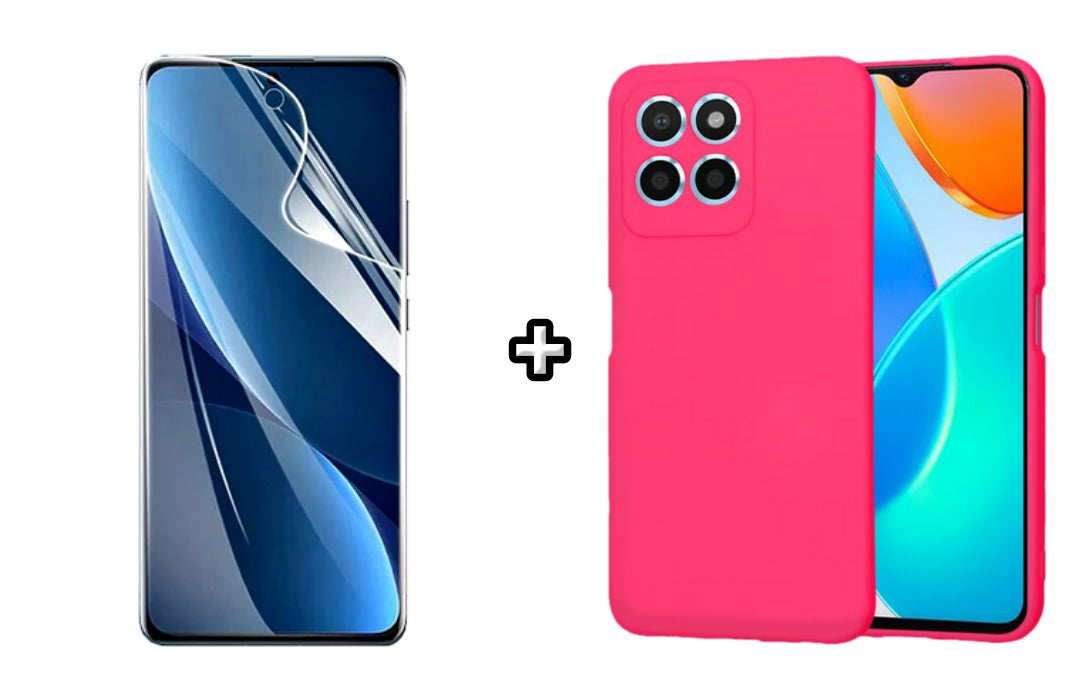 Set Husa Silicon plus Folie din sticla Transparenta compatibila cu Honor X6a, roz neon, protectie 360