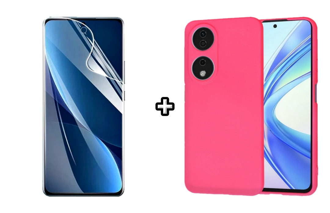 Set Husa Silicon plus Folie din sticla Transparenta compatibila cu Honor X7b, roz neon, protectie 360