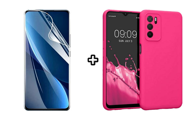 Set Husa Silicon plus Folie din sticla Transparenta compatibila cu OPPO A16, roz neon, protectie 360