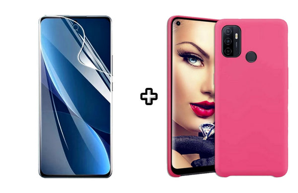 Set Husa Silicon plus Folie din sticla Transparenta compatibila cu OPPO A33 4G, roz neon, protectie 360