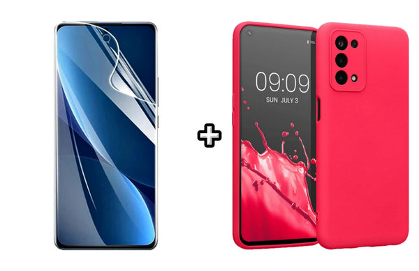 Set Husa Silicon plus Folie din sticla Transparenta compatibila cu OPPO A92, roz neon, protectie 360