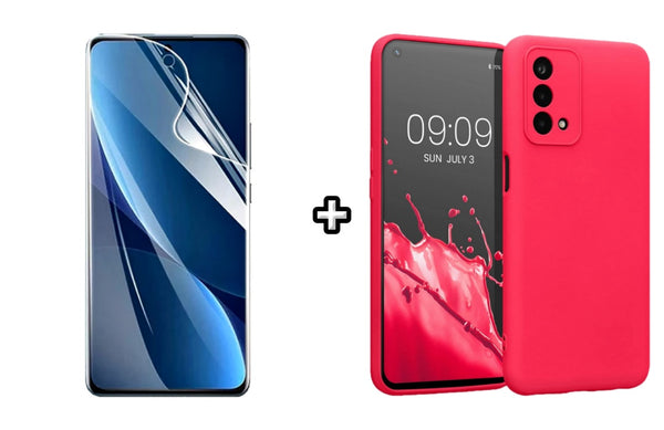 Set Husa Silicon plus Folie din sticla Transparenta compatibila cu OPPO A74 4G, roz neon, protectie 360