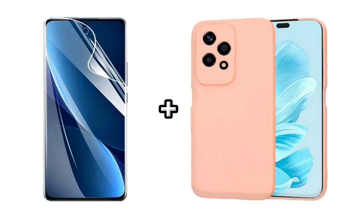 Set Husa Silicon plus Folie din sticla Transparenta compatibila cu Honor 200 Lite, roz pudra, protectie 360