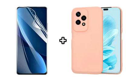 Set Husa Silicon plus Folie din sticla Transparenta compatibila cu Honor 200 Lite, roz pudra, protectie 360