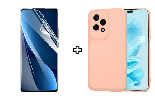 Set Husa Silicon plus Folie din sticla Transparenta compatibila cu Honor 200 Lite, roz pudra, protectie 360