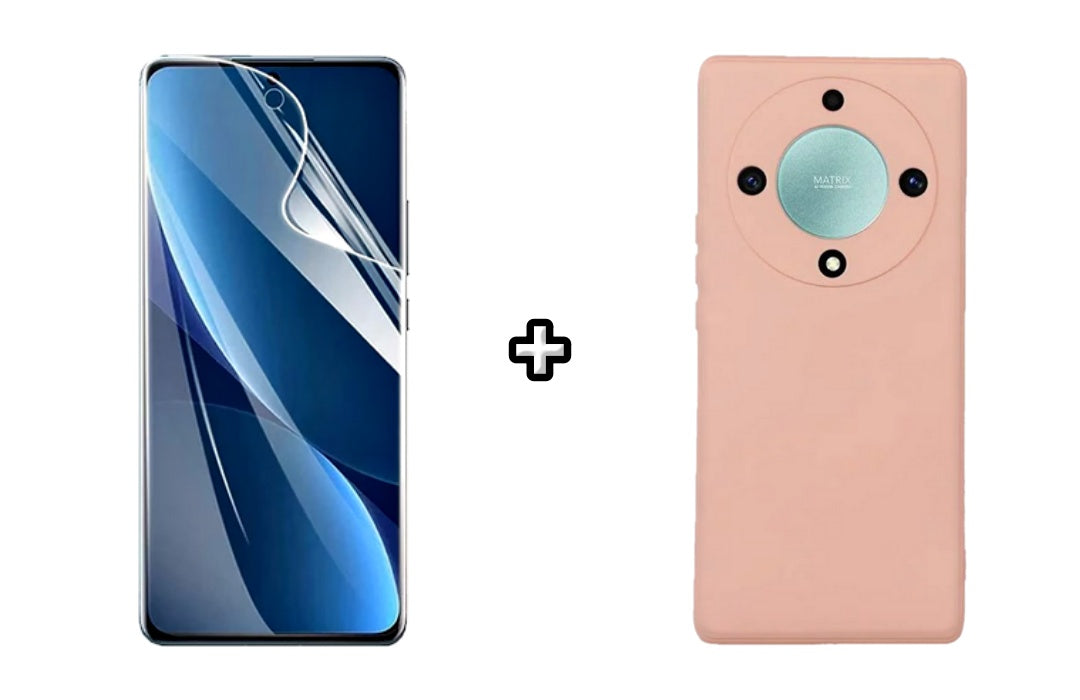 Set Husa Silicon plus Folie din sticla Transparenta compatibila cu Honor Magic6 Lite, roz pudra, protectie 360