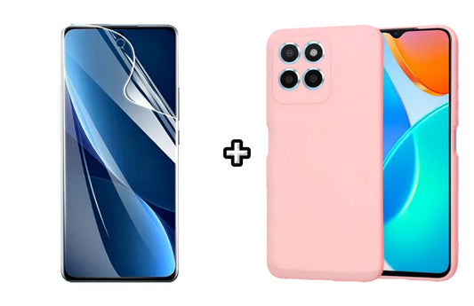 Set Husa Silicon plus Folie din sticla Transparenta compatibila cu Honor X8b, roz pudra, protectie 360