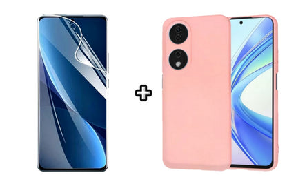 Set Husa Silicon plus Folie din sticla Transparenta compatibila cu Honor X7b, roz pudra, protectie 360