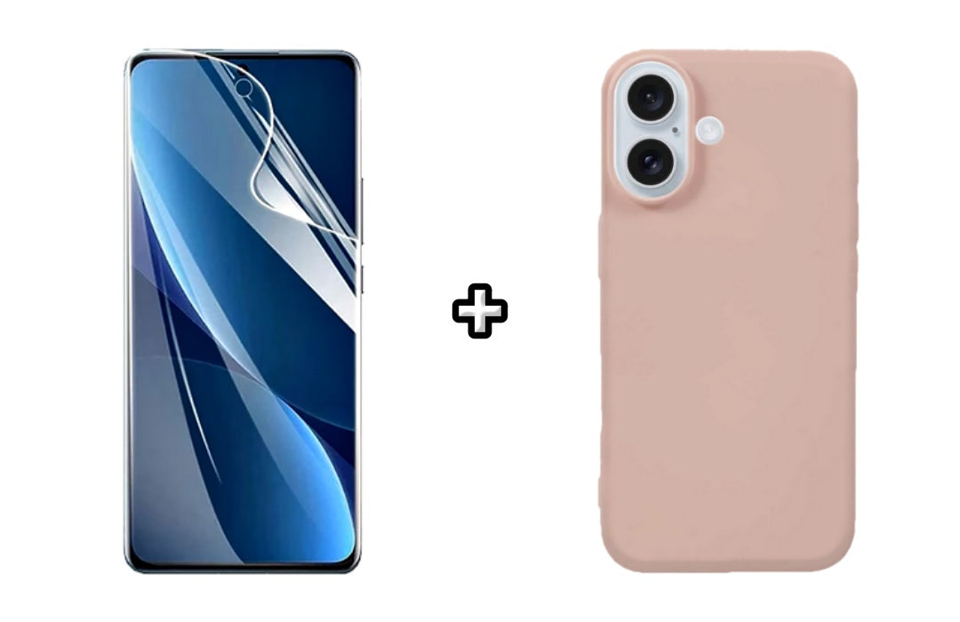 Set Husa Silicon plus Folie din sticla Transparenta compatibila cu Apple iPhone 16, roz pudra, protectie 360