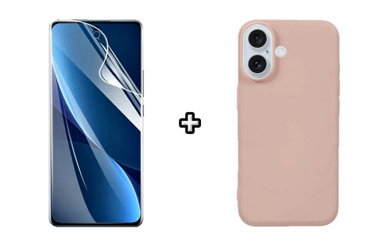 Set Husa Silicon plus Folie din sticla Transparenta compatibila cu Apple iPhone 16 Plus, roz pudra, protectie 360