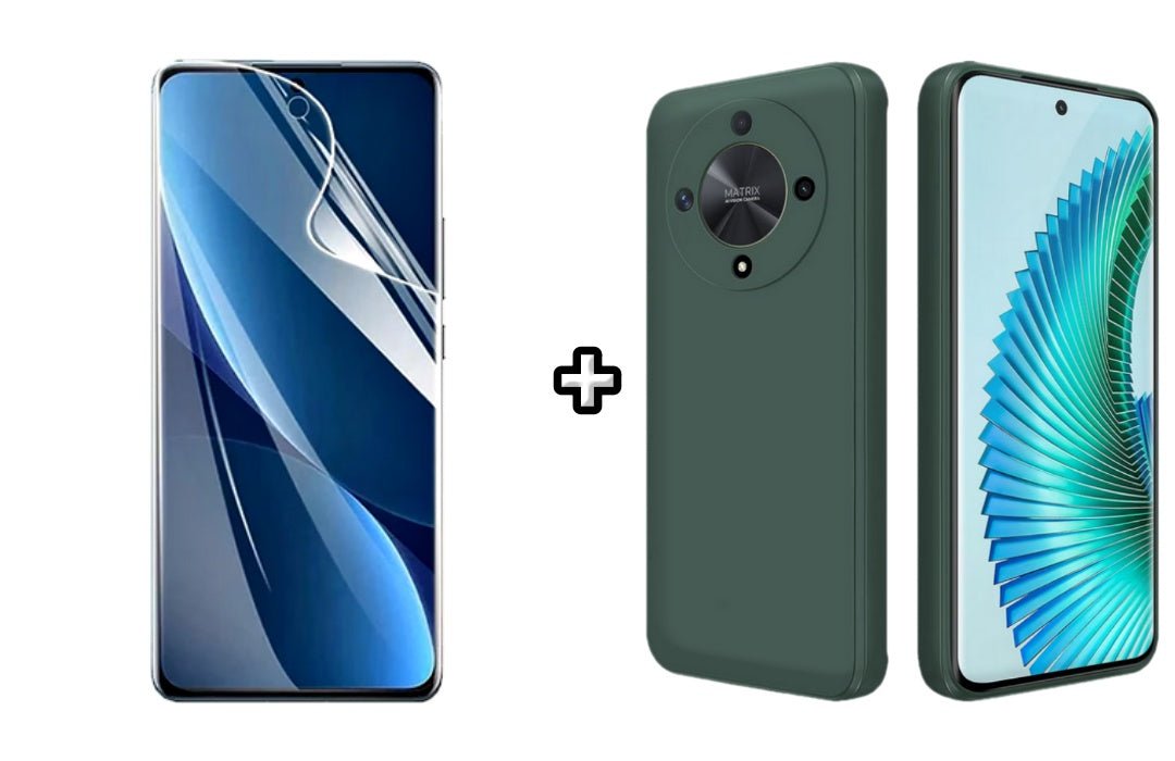 Set Husa Silicon plus Folie din sticla Transparenta compatibila cu Honor Magic6 Lite, verde inchis, protectie 360