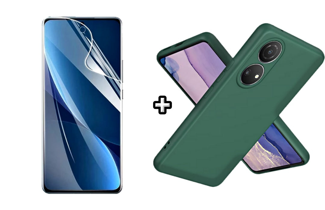 Set Husa Silicon plus Folie din sticla Transparenta compatibila cu Honor X7b, verde inchis, protectie 360