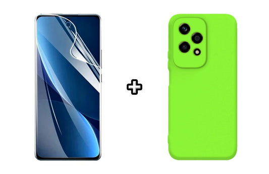 Set Husa Silicon plus Folie din sticla Transparenta compatibila cu Honor 200 Lite, verde neon, protectie 360