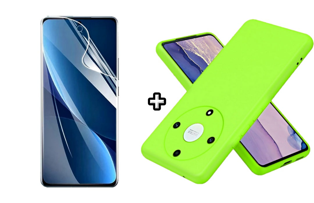 Set Husa Silicon plus Folie din sticla Transparenta compatibila cu Honor Magic6 Lite, verde neon, protectie 360