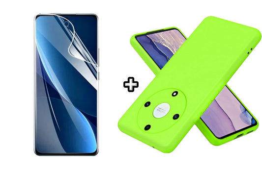 Set Husa Silicon plus Folie din sticla Transparenta compatibila cu Honor Magic5 Lite, verde neon, protectie 360