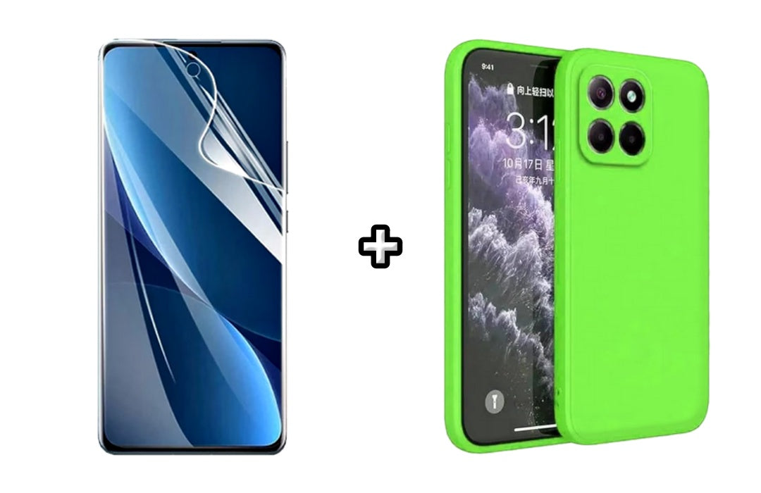 Set Husa Silicon plus Folie din sticla Transparenta compatibila cu Honor X8b, verde neon, protectie 360