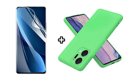 Set Husa Silicon plus Folie din sticla Transparenta compatibila cu Honor X7b, verde neon, protectie 360