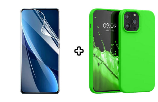 Set Husa Silicon + Folie din sticla Transparenta compatibila cu Apple iPhone 14 Pro Max, verde neon, protectie 360