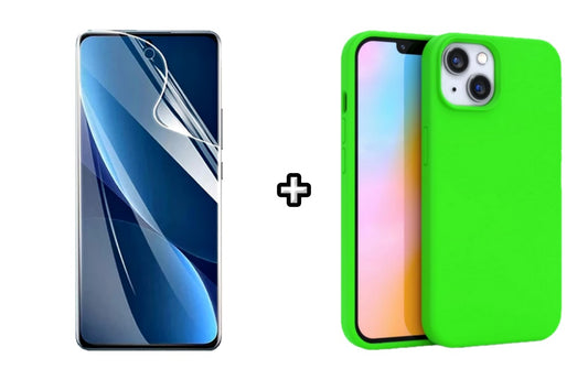 Set Husa Silicon + Folie din sticla Transparenta compatibila cu Apple iPhone 14, verde neon, protectie 360