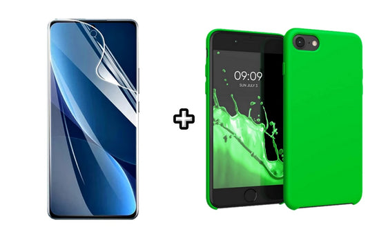 Set Husa Silicon + Folie din sticla Transparenta compatibila cu Apple iPhone 7, verde neon, protectie 360