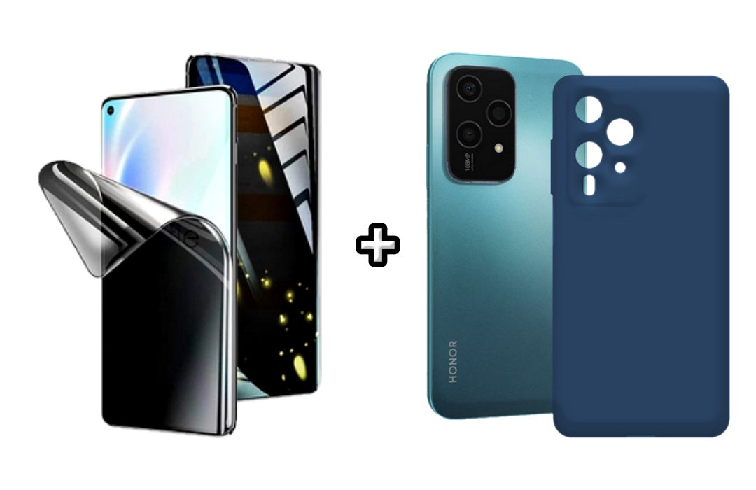 Set Husa Silicon plus Folie din silicon Privacy compatibila cu Honor 200 Lite, albastra, protectie 360