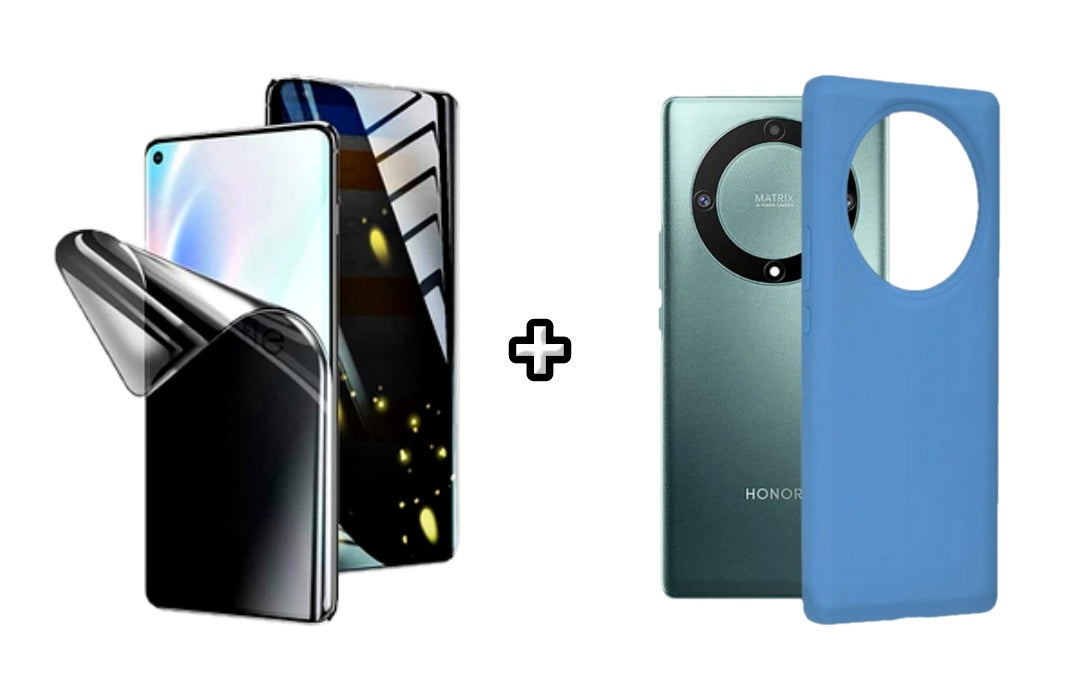 Set Husa Silicon plus Folie din silicon Privacy compatibila cu Honor Magic6 Lite, albastra, protectie 360