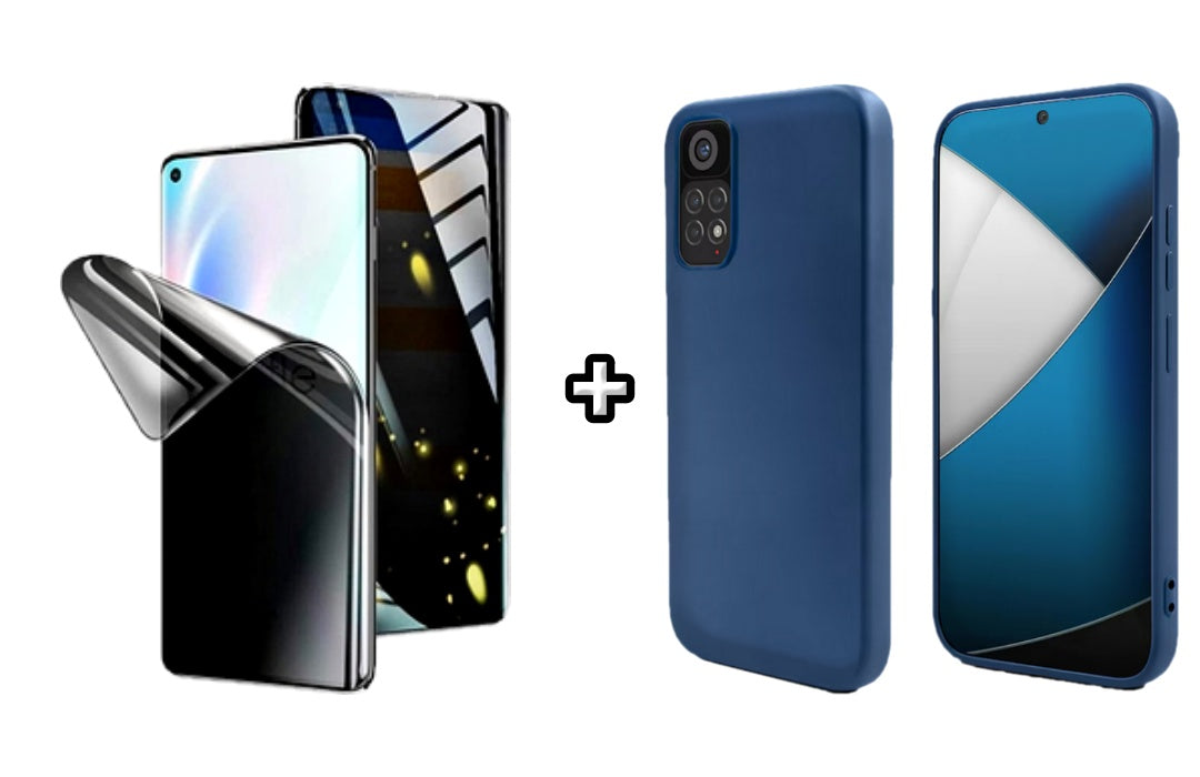 Set Husa Silicon plus Folie din silicon Privacy compatibila cu Xiaomi Redmi Note 11, albastra, protectie 360