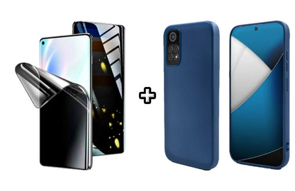 Set Husa Silicon plus Folie din silicon Privacy compatibila cu Xiaomi Redmi Note 11, albastra, protectie 360