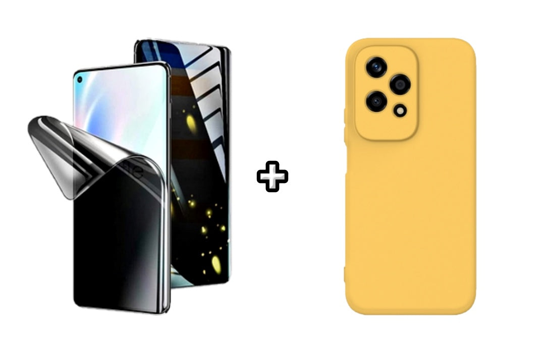 Set Husa Silicon plus Folie din silicon Privacy compatibila cu Honor 200 Lite, galbena, protectie 360
