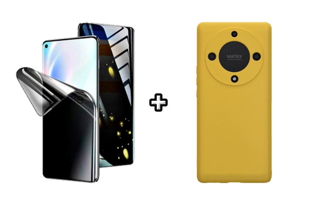 Set Husa Silicon plus Folie din silicon Privacy compatibila cu Honor Magic5 Lite, galbena, protectie 360