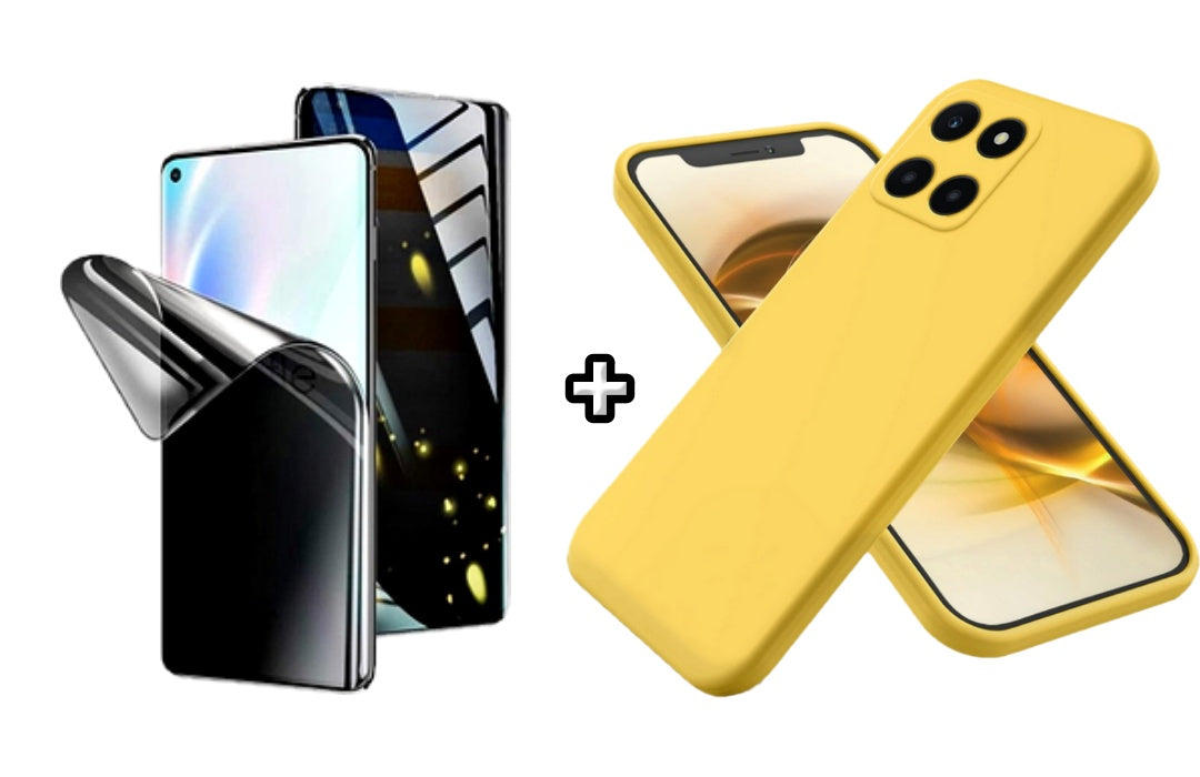 Set Husa Silicon plus Folie din silicon Privacy compatibila cu Honor X8b, galbena, protectie 360