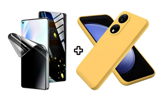 Set Husa Silicon plus Folie din silicon Privacy compatibila cu Honor X7b, galbena, protectie 360