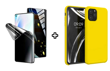 Set Husa Silicon + Folie din silicon Privacy compatibila cu Apple iPhone 11 Pro Max, galbena, protectie 360