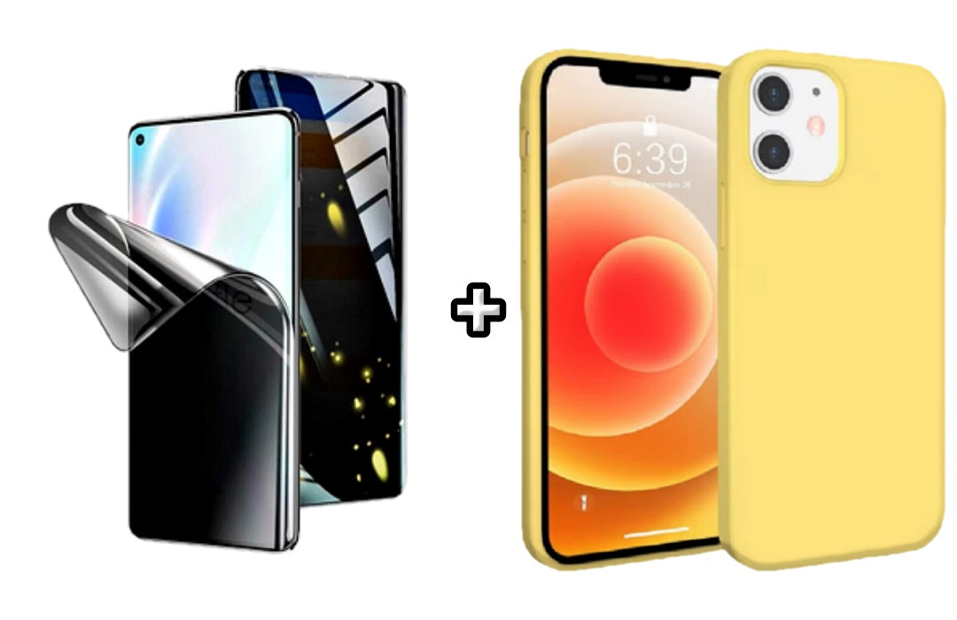 Set Husa Silicon + Folie din silicon Privacy compatibila cu Apple iPhone 11, galbena, protectie 360