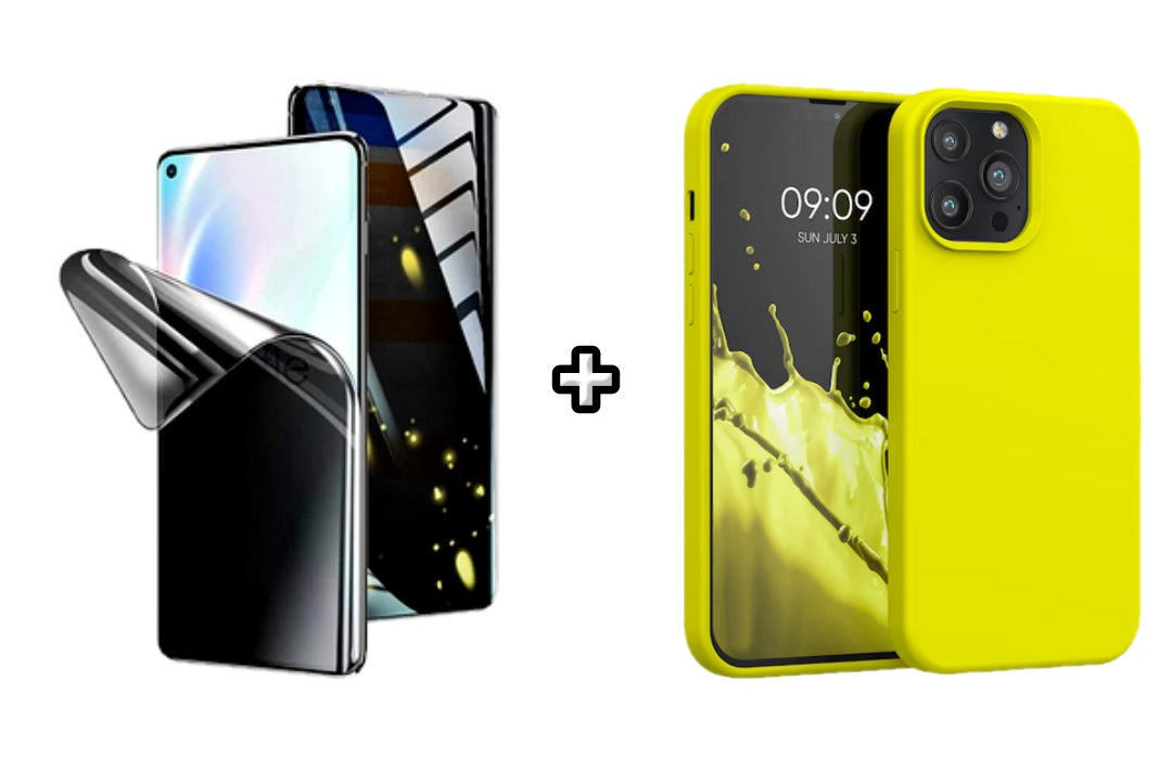 Set Husa Silicon + Folie din silicon Privacy compatibila cu Apple iPhone 13 Pro, galbena, protectie 360