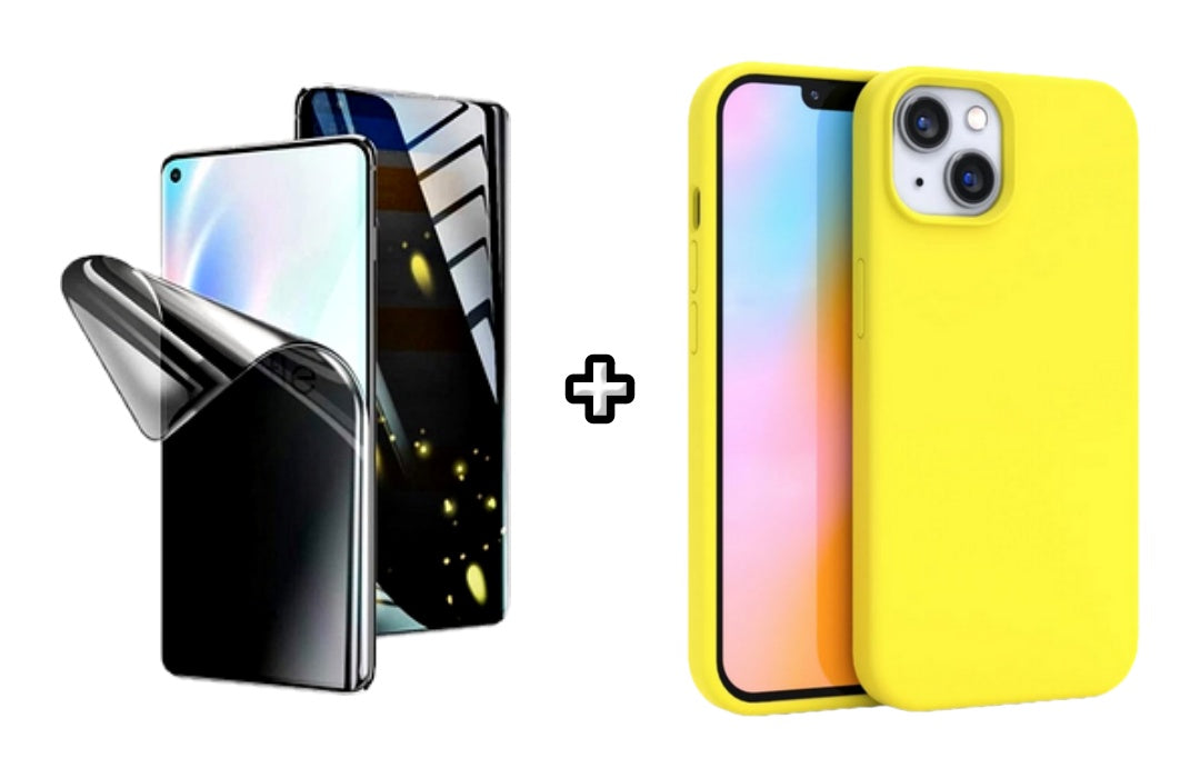 Set Husa Silicon + Folie din silicon Privacy compatibila cu Apple iPhone 14 Plus, galben, protectie 360