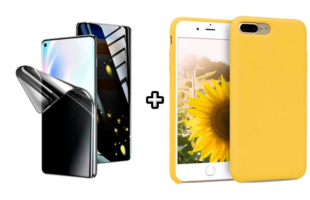 Set Husa Silicon + Folie din silicon Privacy compatibila cu Apple iPhone 7 Plus, galbena, protectie 360
