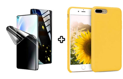 Set Husa Silicon + Folie din silicon Privacy compatibila cu Apple iPhone 7, galbena, protectie 360