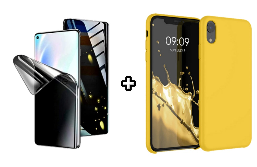 Set Husa Silicon + Folie din silicon Privacy compatibila cu Apple iPhone XR, galbena, protectie 360