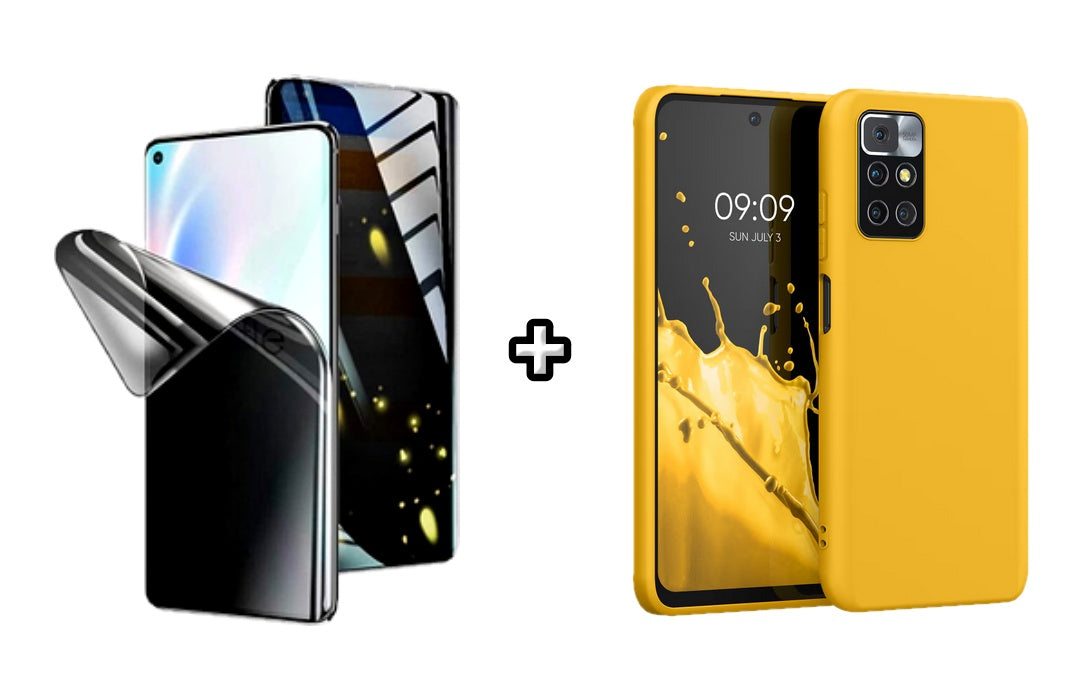 Set Husa Silicon plus Folie din silicon Privacy compatibila cu Xiaomi Redmi 10, galbena, protectie 360