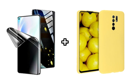 Set Husa Silicon plus Folie din silicon Privacy compatibila cu Xiaomi Redmi 9, galbena, protectie 360